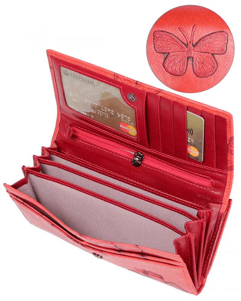 Женский большой кошелек с бабочками Wanlima 0940014 из натуральной кожи с рамочным замком 